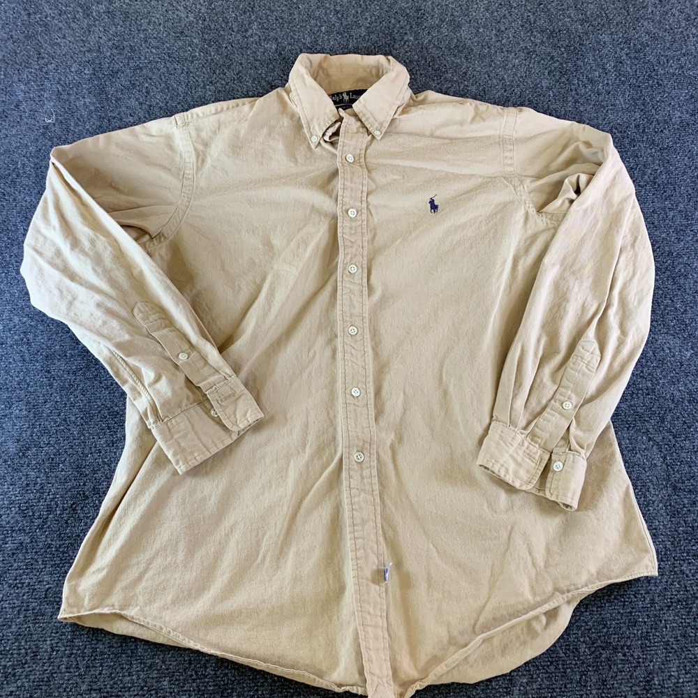 Ralph Lauren Shirt Mens Large Beige Cotton Embroidered Pony Back Box Button Down